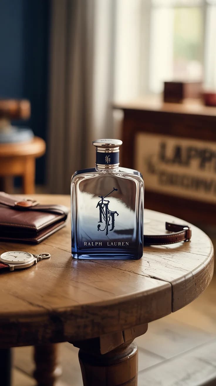 Ideogram prompt: A luxurious cologne bottle inspired by Ralph Laure...