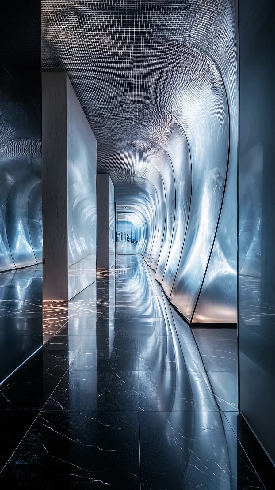 Midjourney prompt: contemporary art gallery entrance with cascading l...