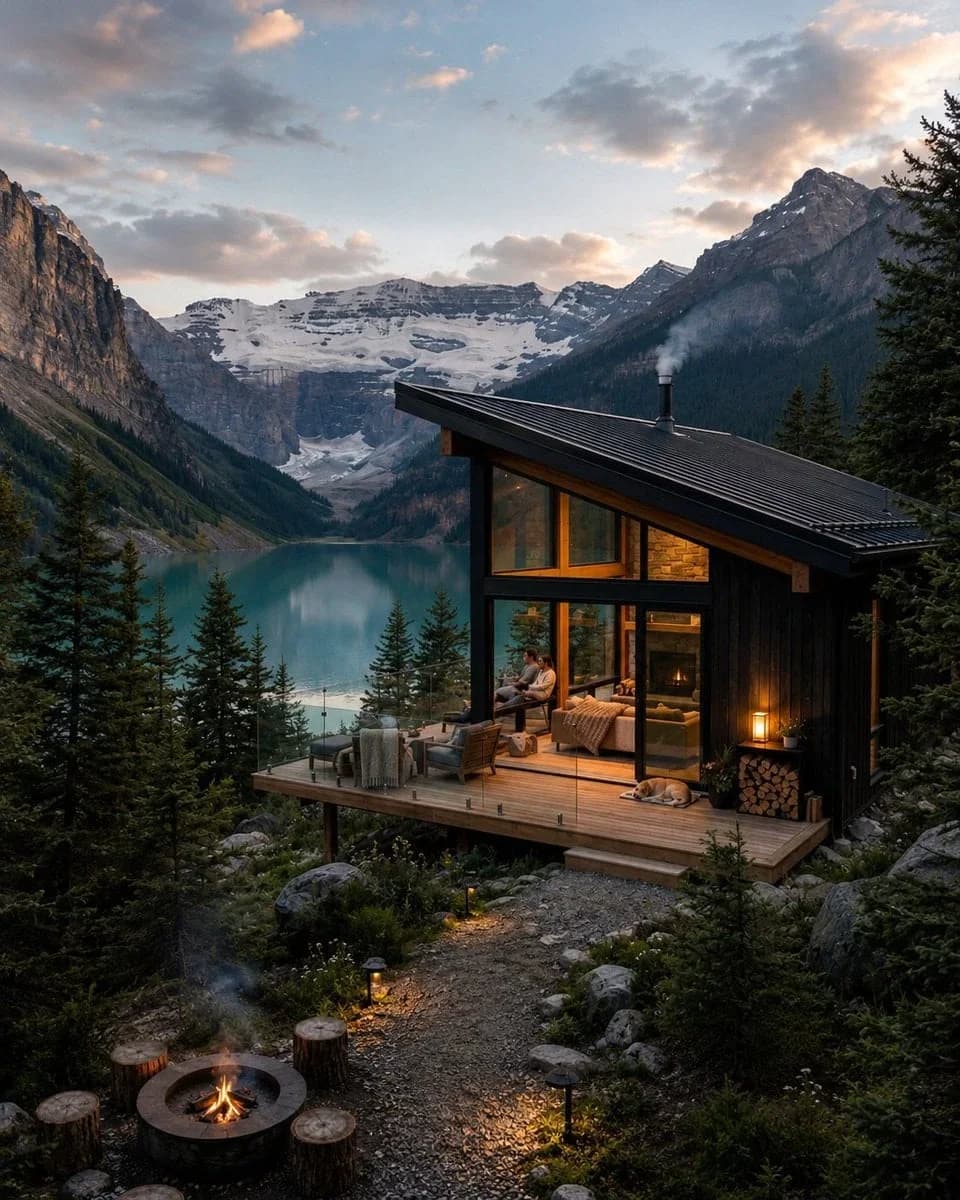 Ultra-realistic luxury mountain cabin overlooking a crystal-