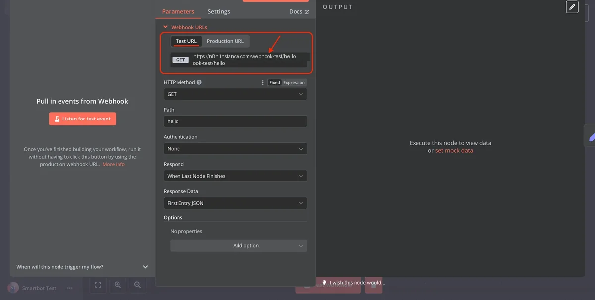 Copying the Webhook Test URL for Sending Requests via Browser or cURL