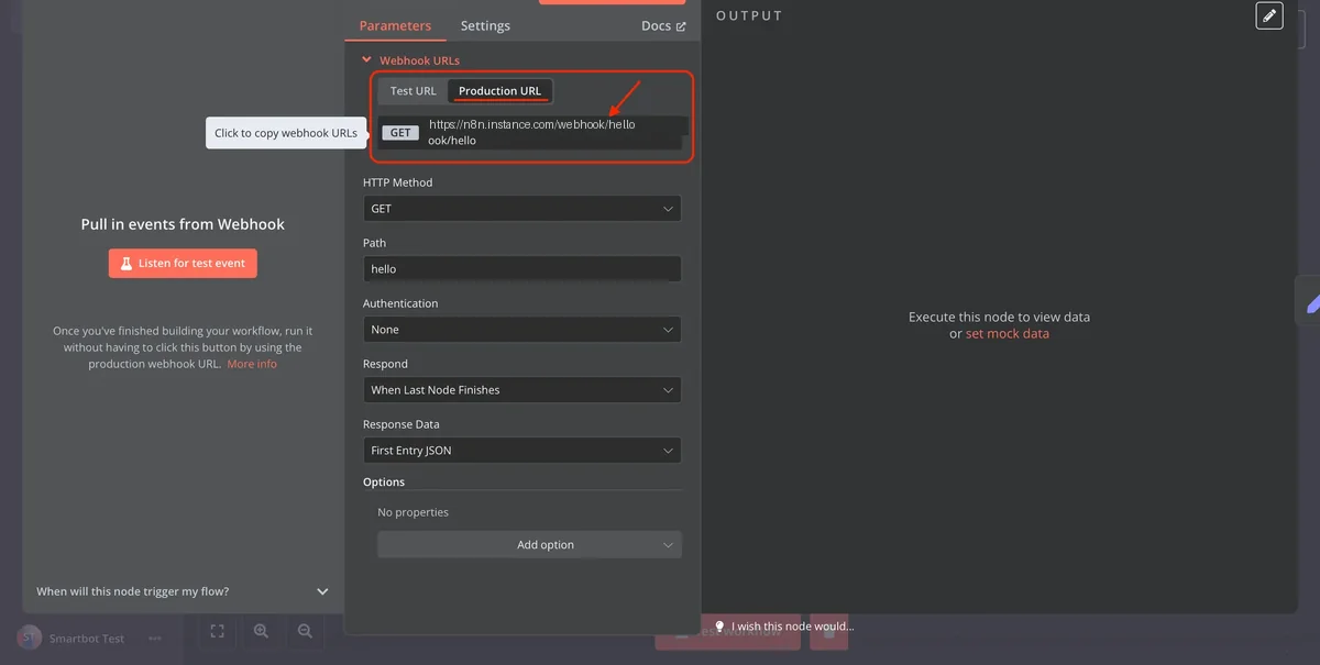 Obtaining the Production URL for Live Webhook Execution in n8n